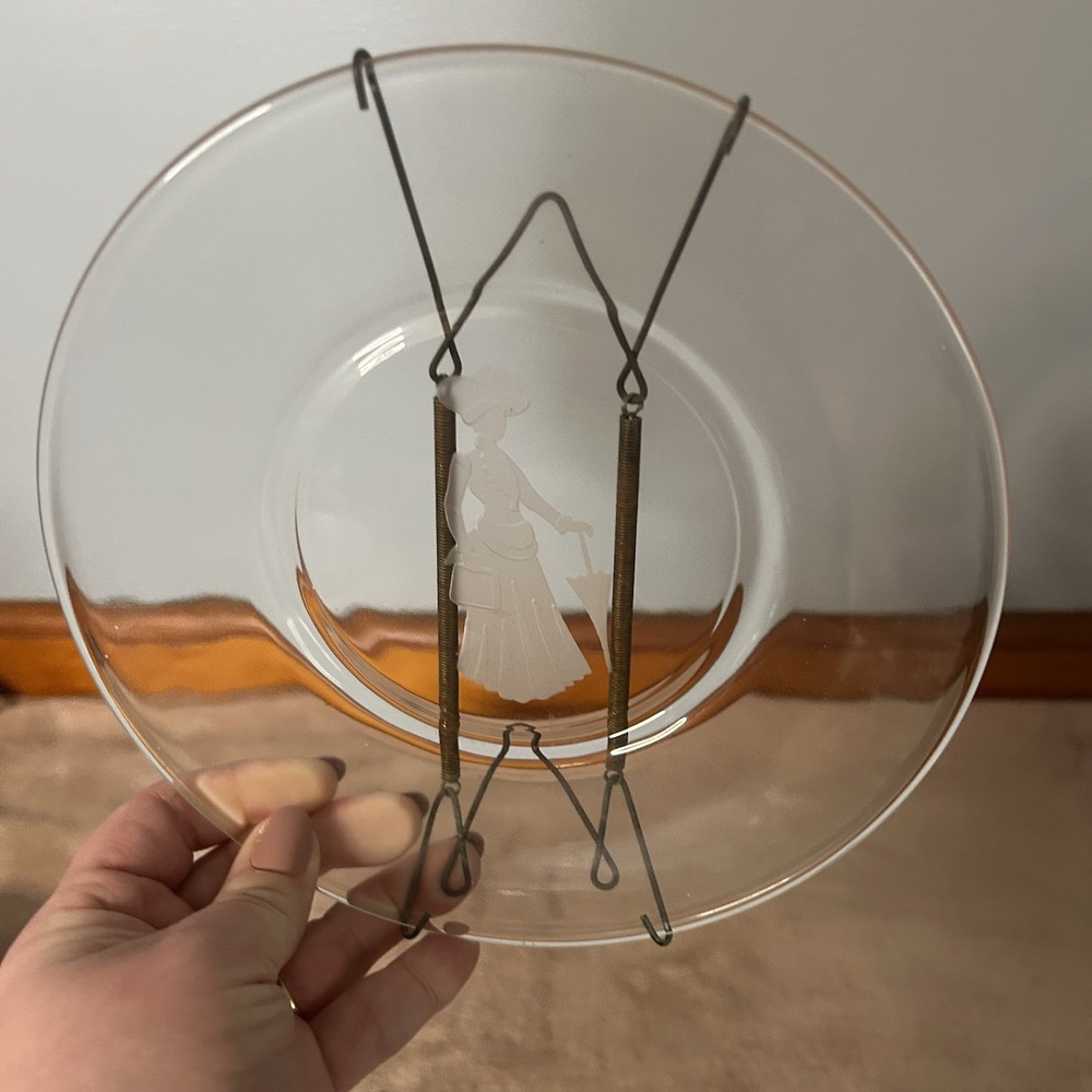 Vintage Avon Lady Etched Commemorative 8" Clear Glass Plate With Vintage Hanger